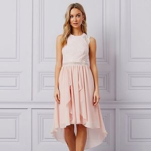 le chateau lace & crepe high low cocktail dress
